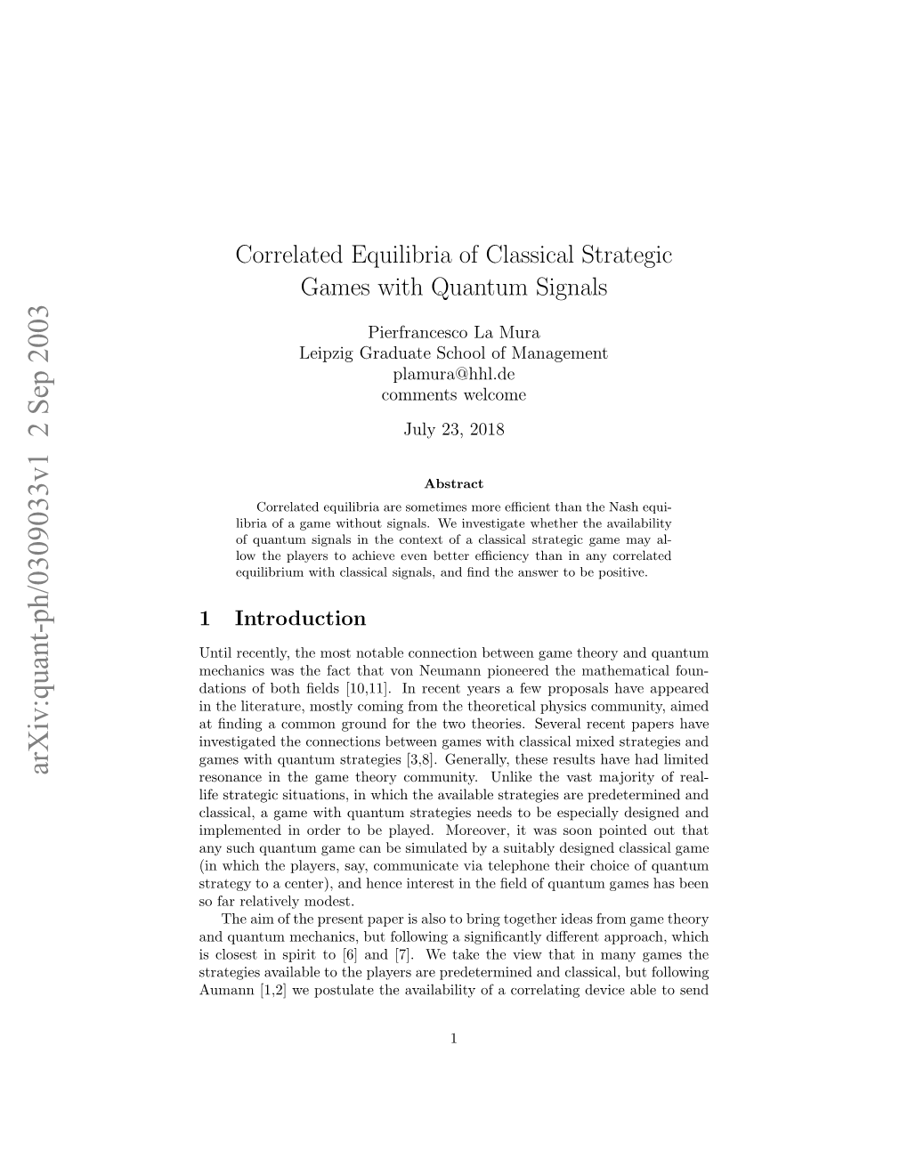 Correlated Equilibria of Classical Strategic Games with Quantum