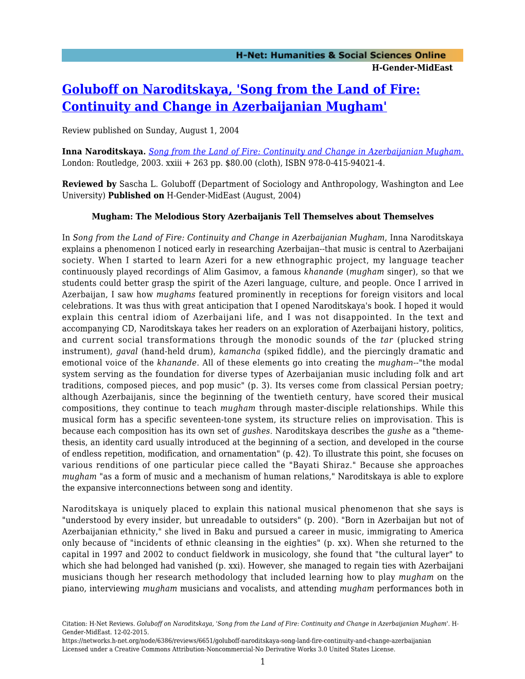 Goluboff on Naroditskaya, 'Song from the Land of Fire: Continuity and Change in Azerbaijanian Mugham'