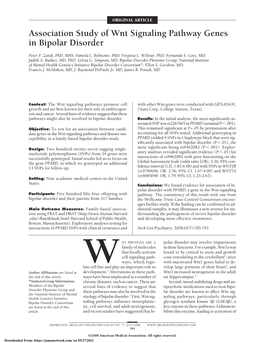 Association Study of Wnt Signaling Pathway Genes in Bipolar Disorder
