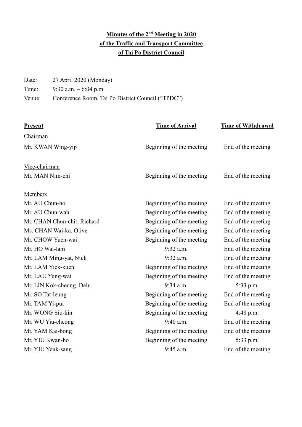 Minutes of the 2Nd Meeting in 2020 of the Traffic and Transport Committee of Tai Po District Council