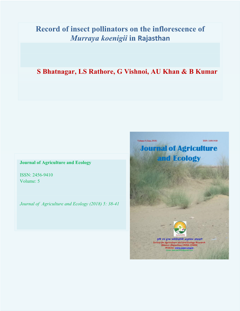 Record of Insect Pollinators on the Inflorescence of Murraya Koenigii in Rajasthan