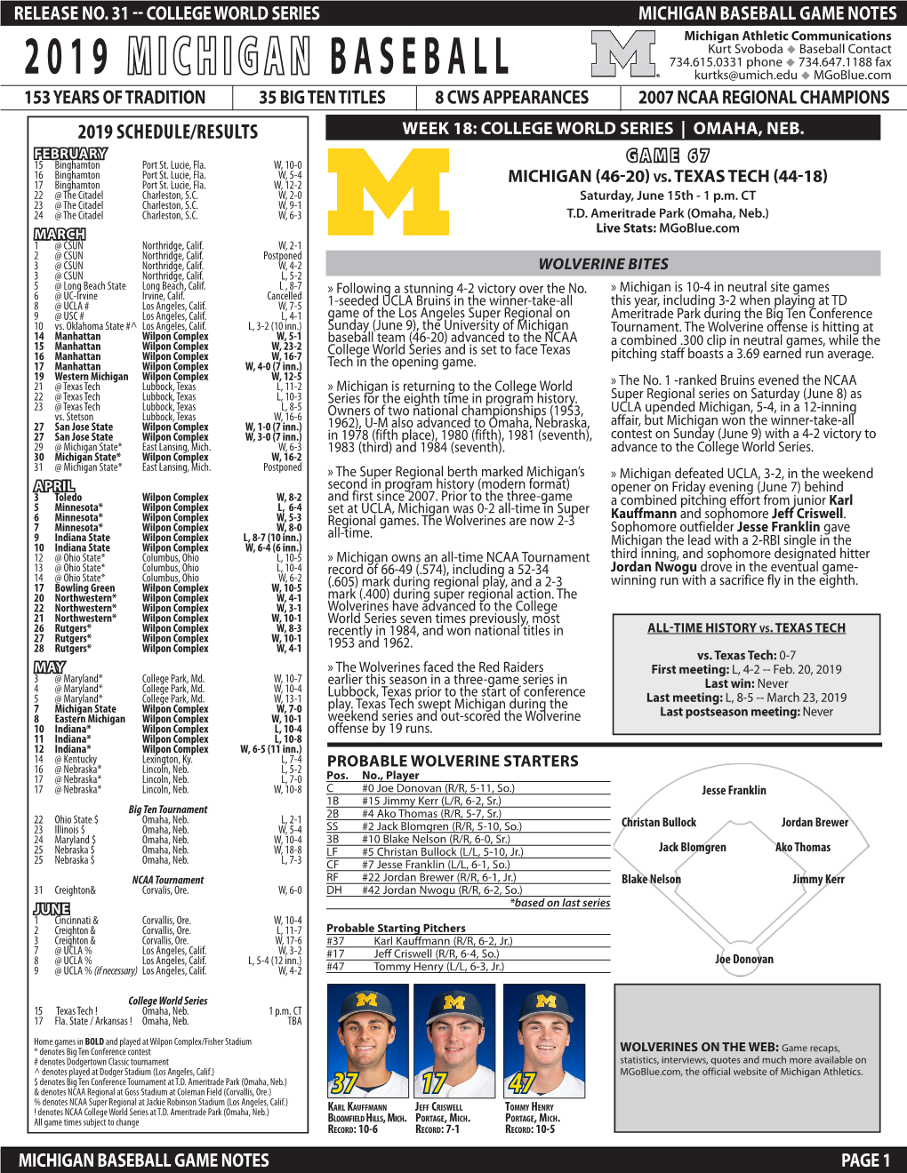 2019 Michigan Baseball