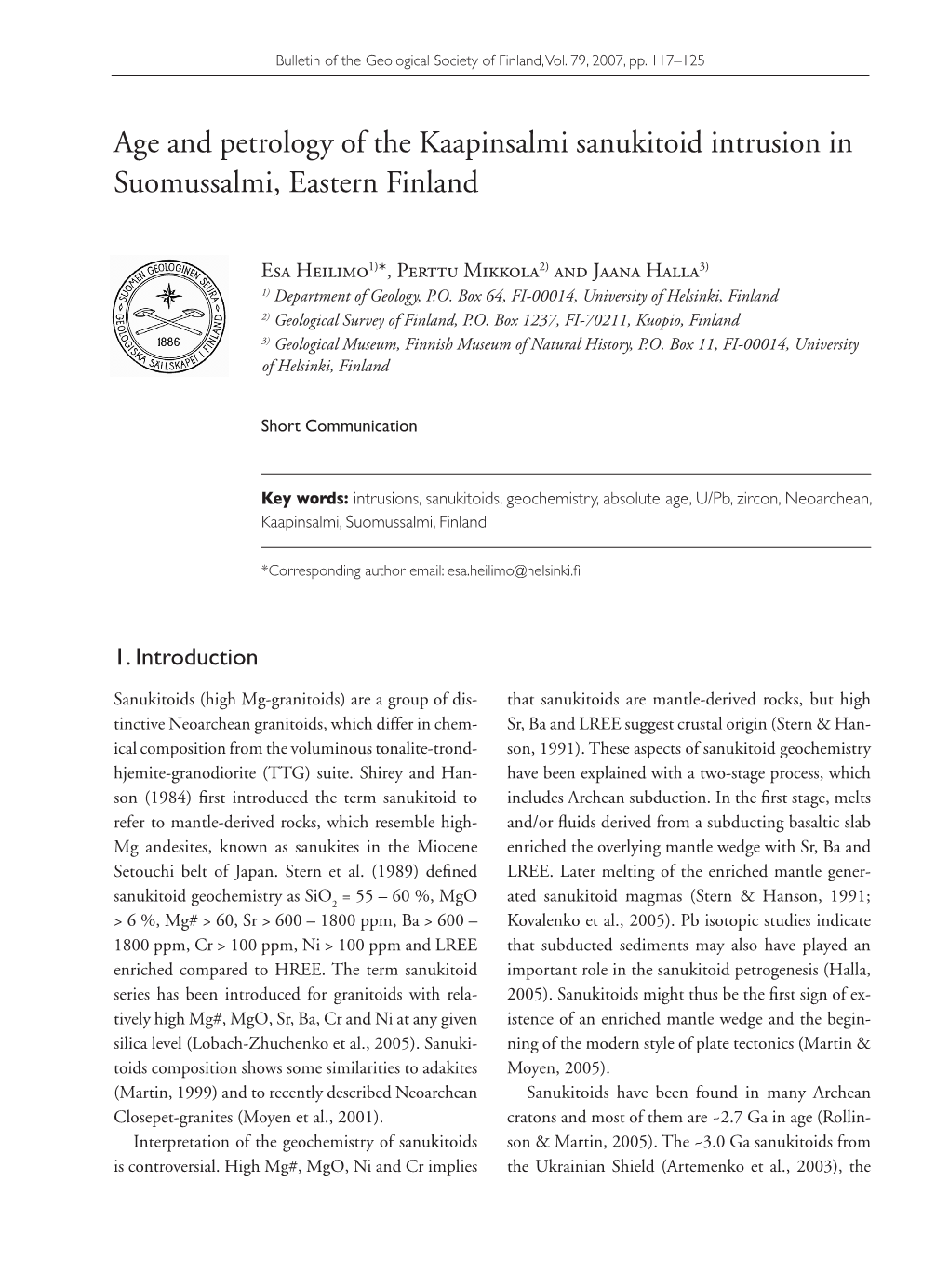 Age and Petrology of the Kaapinsalmi Sanukitoid Intrusion in Suomussalmi, Eastern Finland