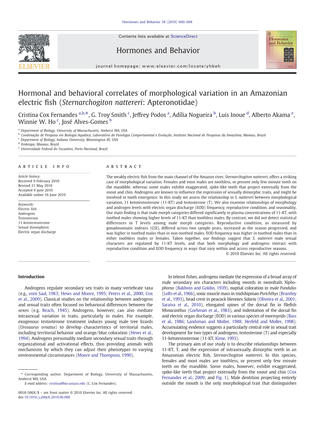 Hormonal and Behavioral Correlates of Morphological Variation in an Amazonian Electric Fish (Sternarchogiton Nattereri: Apterono