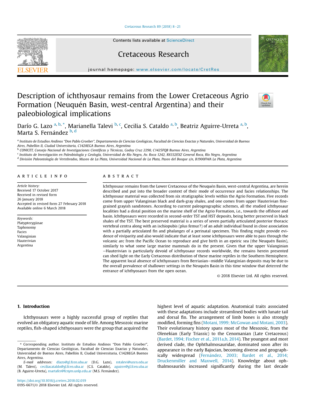 Description of Ichthyosaur Remains from the Lower Cretaceous Agrio Formation (Neuquen� Basin, West-Central Argentina) and Their Paleobiological Implications