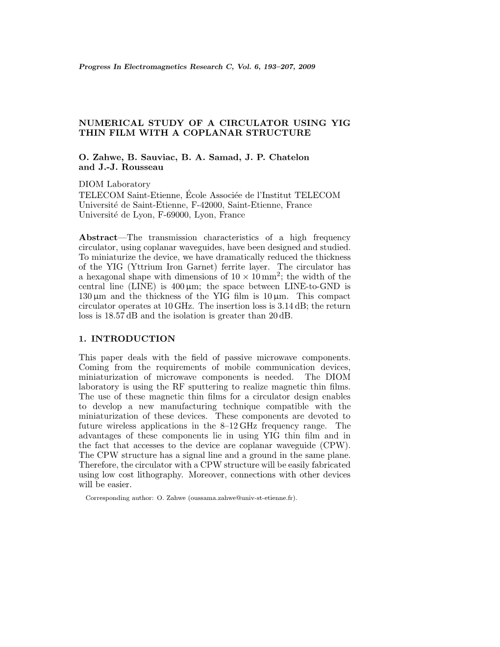 Numerical Study of a Circulator Using Yig Thin Film with a Coplanar Structure