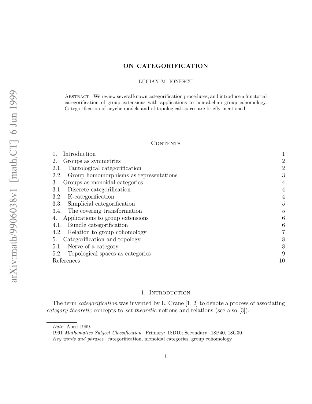 [Math.CT] 6 Jun 1999 Category-Theoretic H Term the ..Tplgclsae Scategories As Spaces References Topological Category a of 5.2