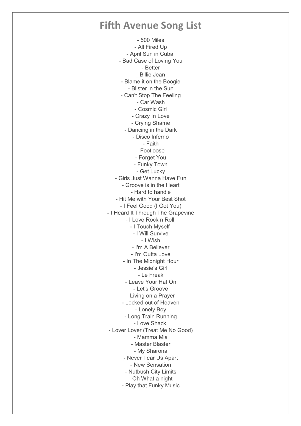 Fifth Avenue Song List