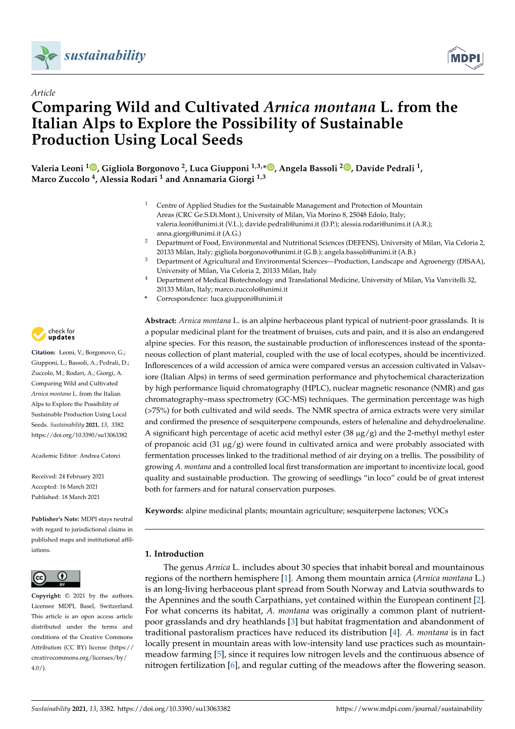 Comparing Wild and Cultivated Arnica Montana L. from the Italian Alps to Explore the Possibility of Sustainable Production Using Local Seeds