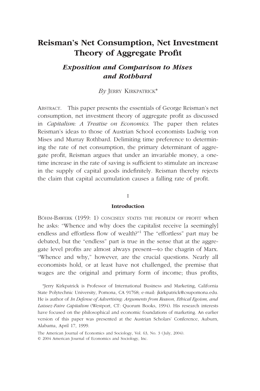 Reisman's Net Consumption, Net Investment Theory of Aggregate Profit