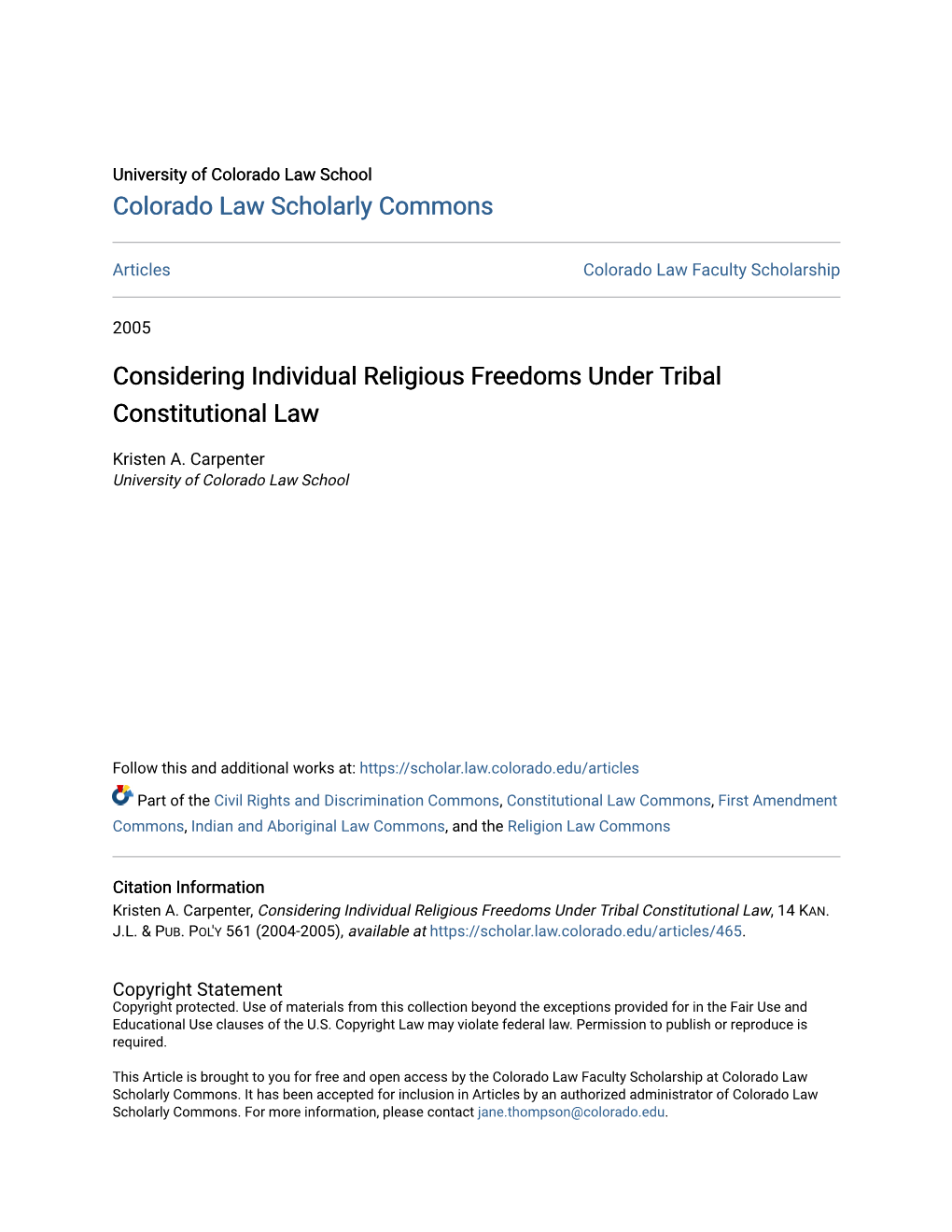 Considering Individual Religious Freedoms Under Tribal Constitutional Law