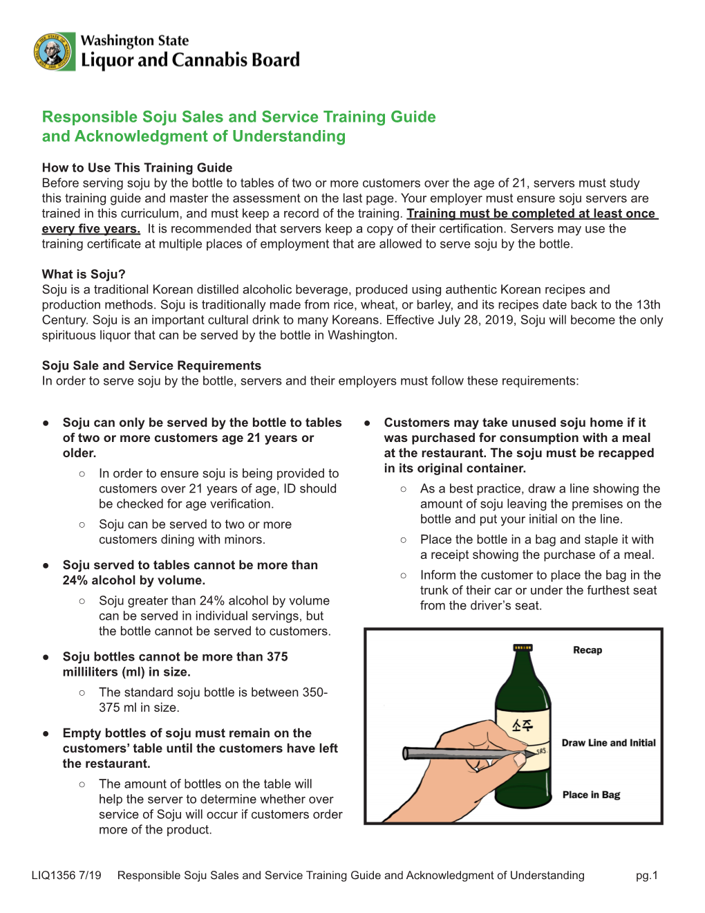 Responsible Soju Sales and Service Training Guide and Acknowledgment of Understanding