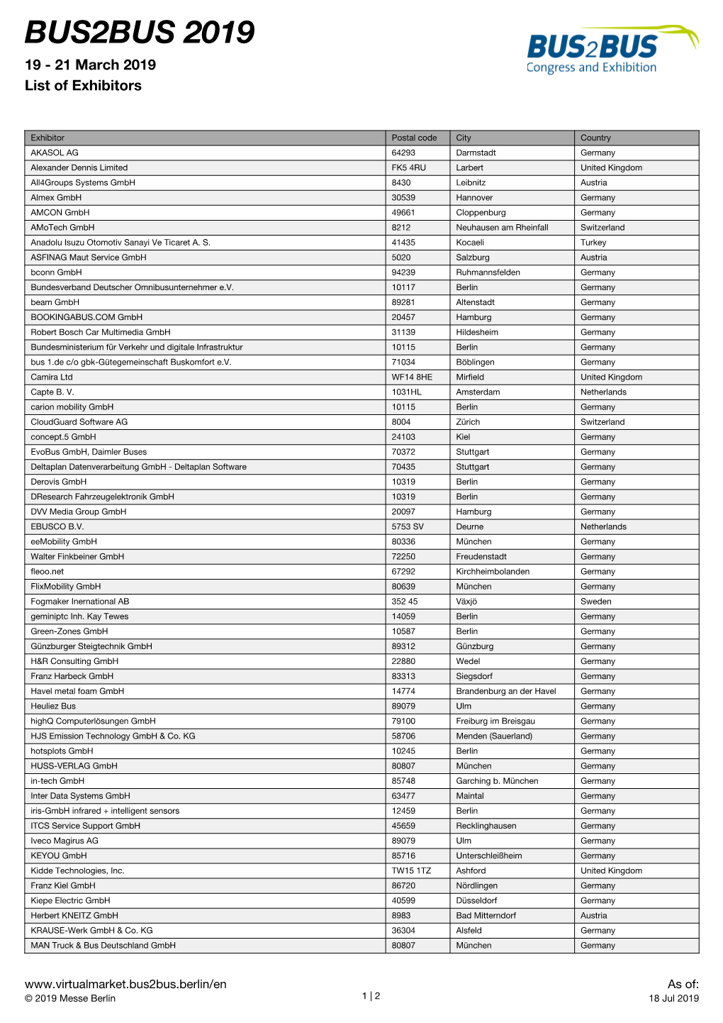 BUS2BUS 2019 19 - 21 March 2019 List of Exhibitors