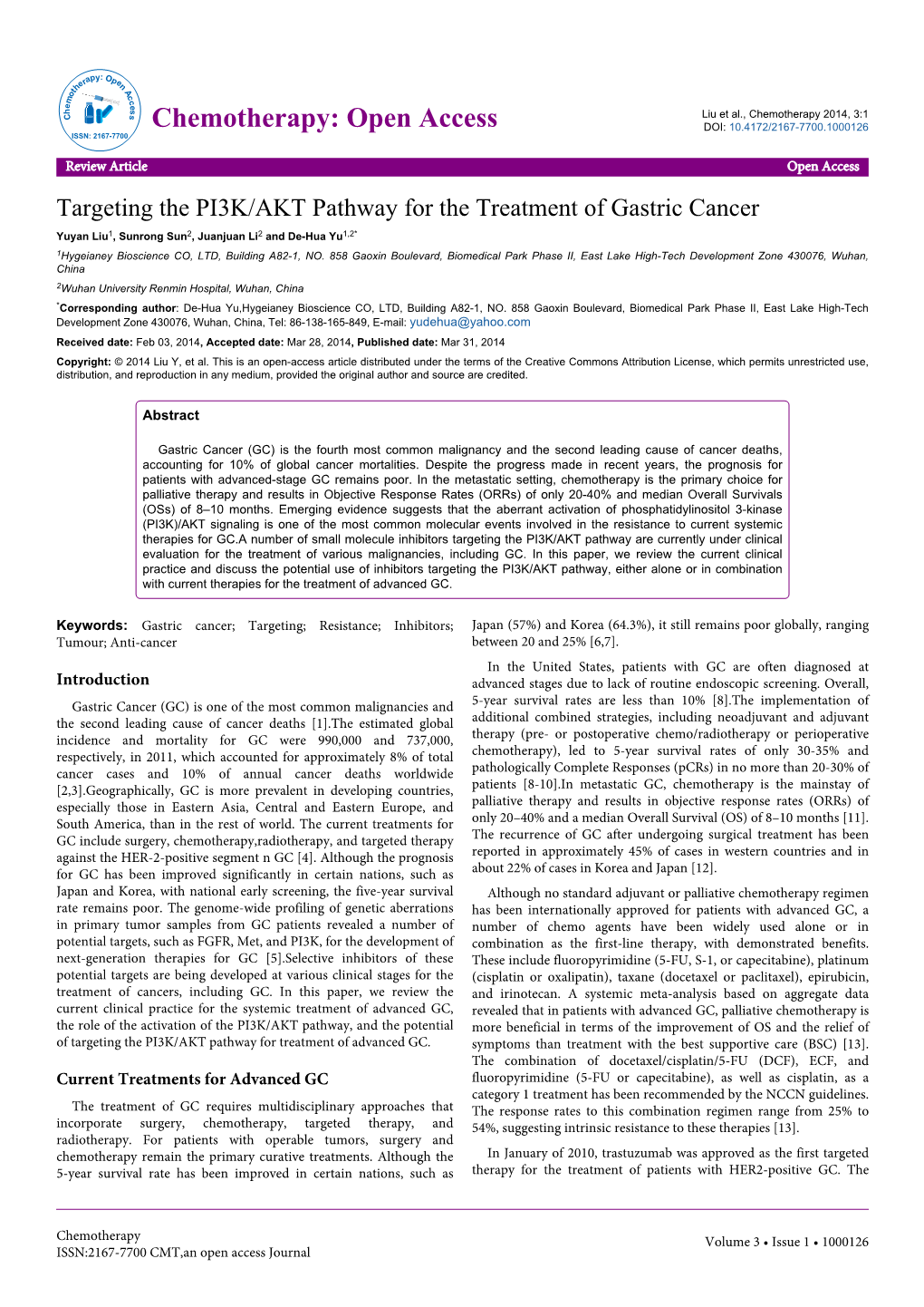 Targeting the PI3K/AKT Pathway for the Treatment of Gastric Cancer