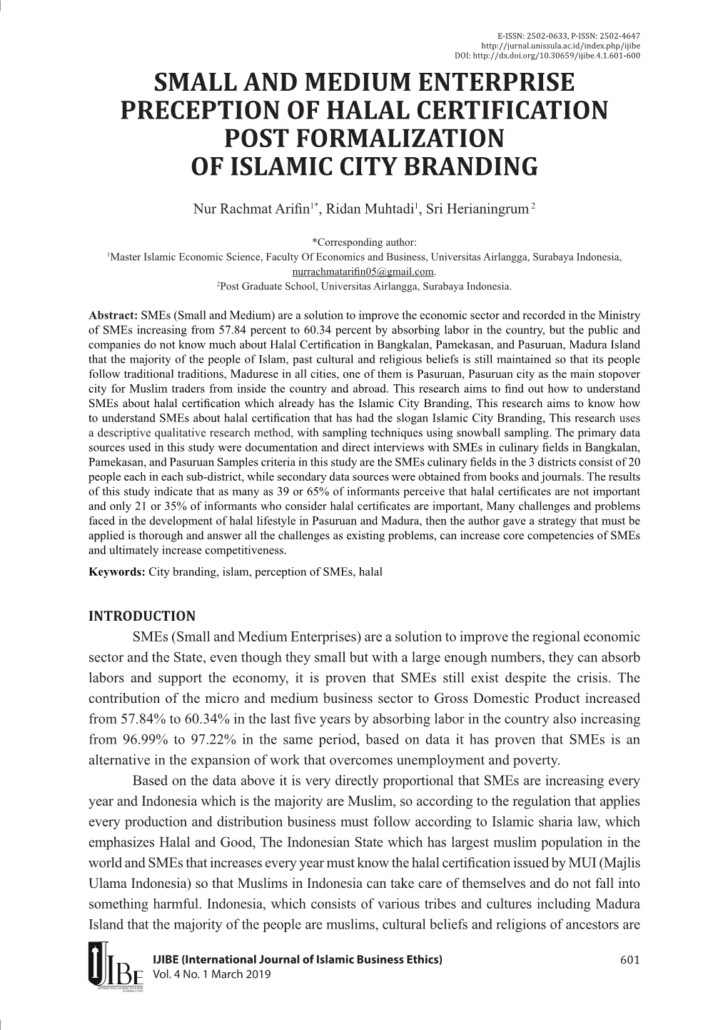 Small and Medium Enterprise Preception of Halal Certification Post Formalization of Islamic City Branding