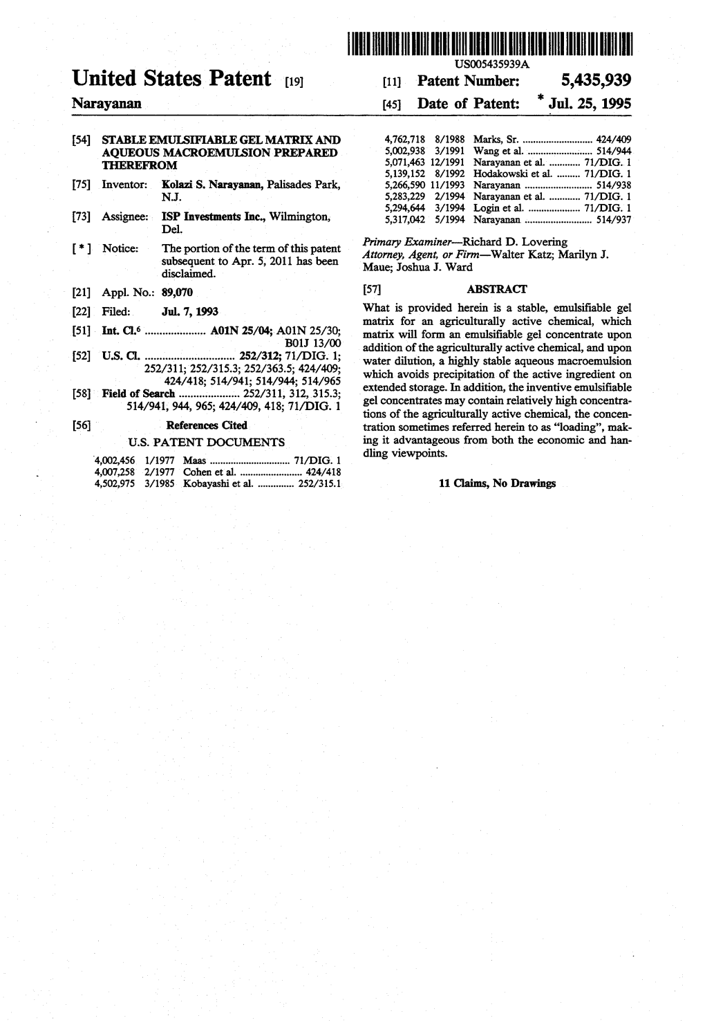 (45) Date of Patent: "Jul. 25, 1995 54) STABLEEMULSFIABLE GEL.MATRXAND 4,762,718 8/1988 Marks, Sr