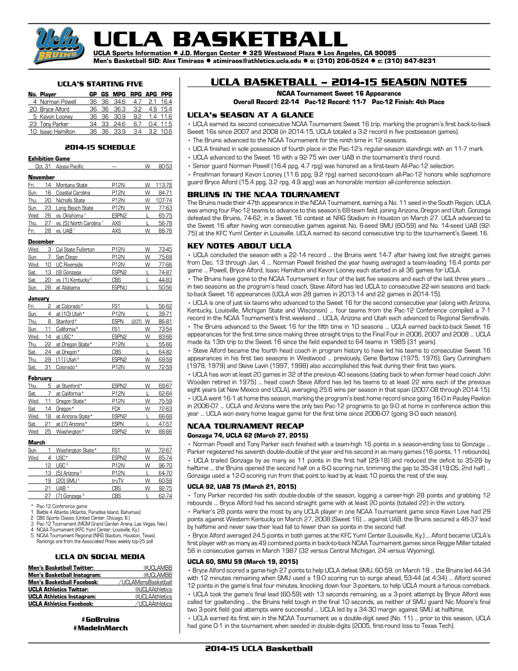 UCLA BASKETBALL UCLA Sports Information L J.D