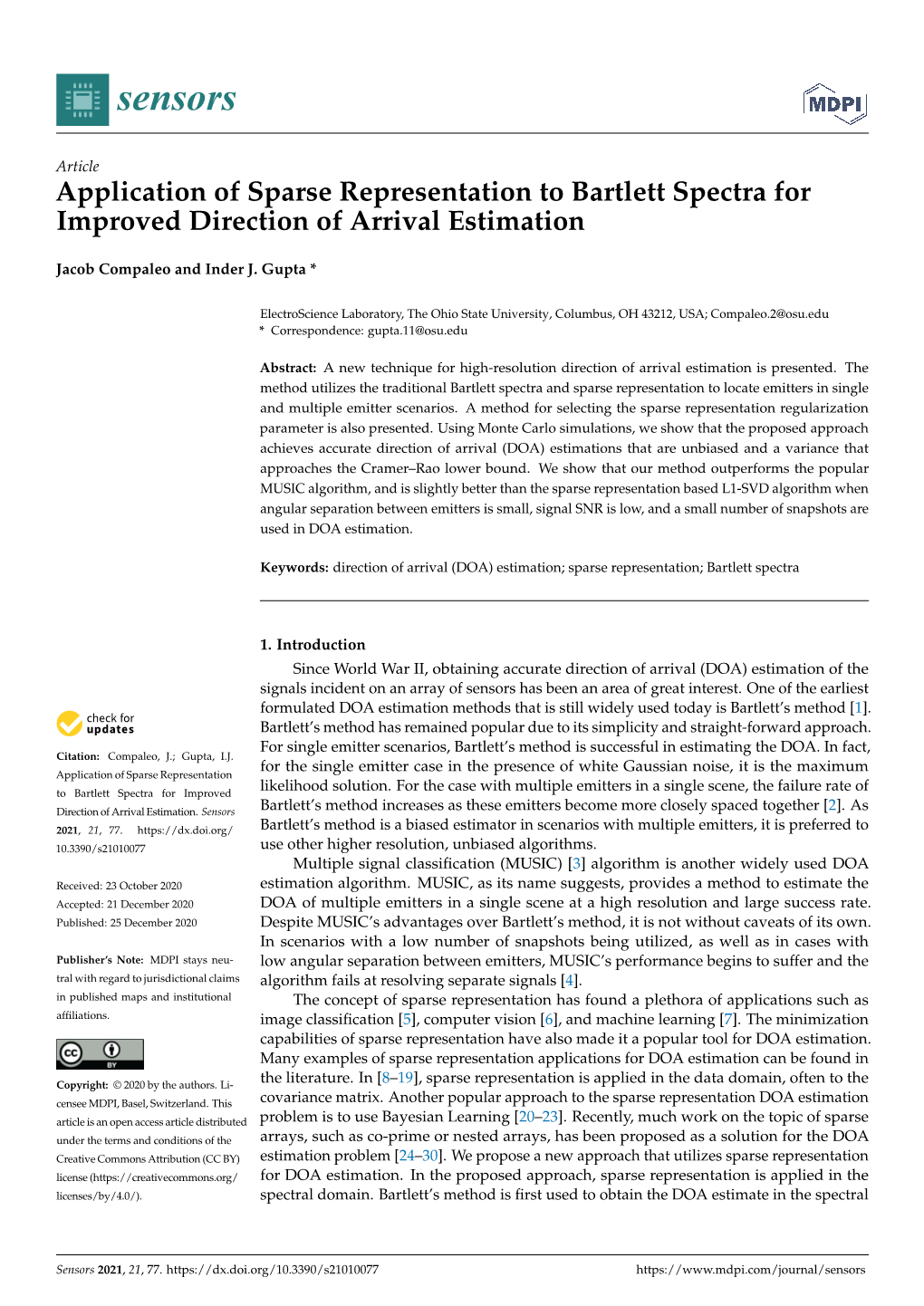 Application of Sparse Representation to Bartlett Spectra for Improved Direction of Arrival Estimation