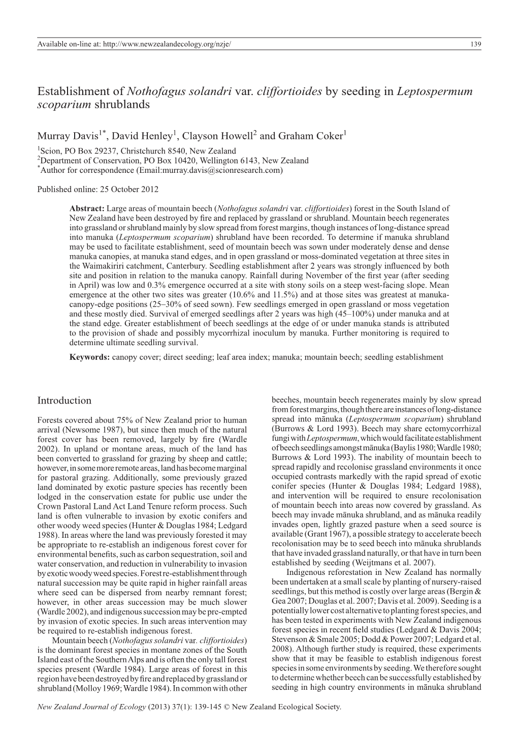 Establishment of Nothofagus Solandri Var. Cliffortioides by Seeding in Leptospermum Scoparium Shrublands