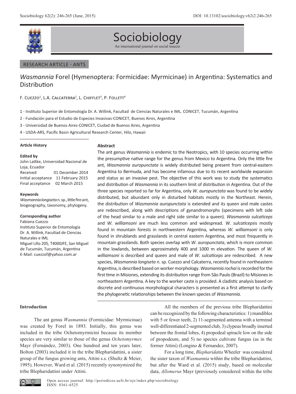 (Hymenoptera: Formicidae: Myrmicinae) in Argentina: Systematics and Distribution