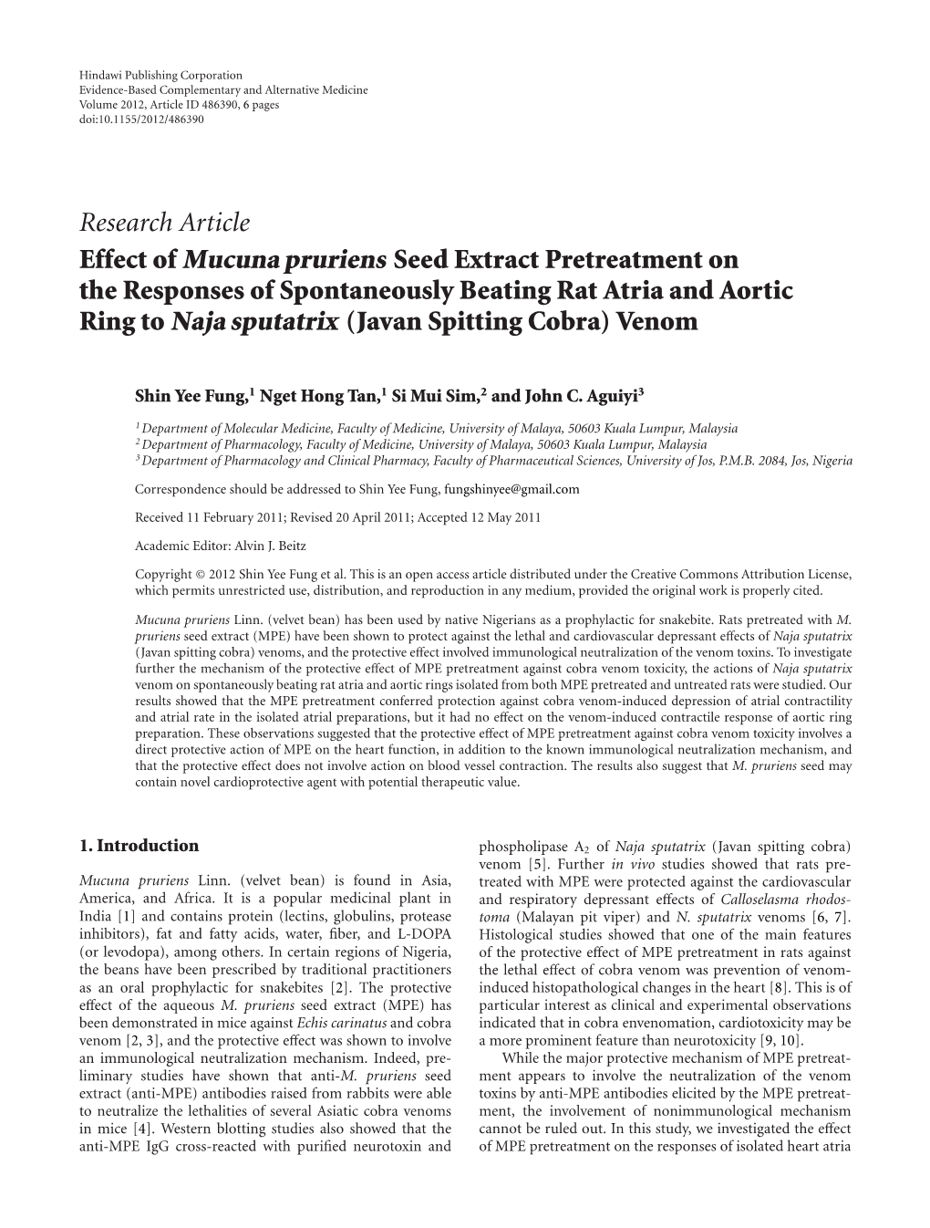 Effect of Mucuna Pruriens Seed Extract Pretreatment on the Responses of Spontaneously Beating Rat Atria and Aortic Ring to Naja Sputatrix (Javan Spitting Cobra) Venom