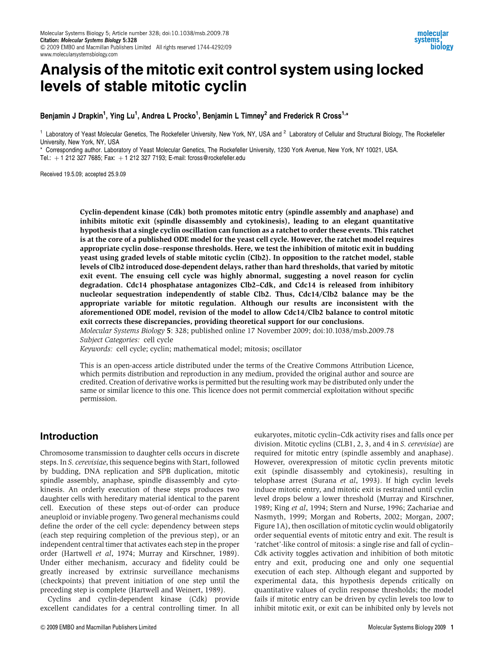 Analysis of the Mitotic Exit Control System Using Locked Levels of Stable Mitotic Cyclin