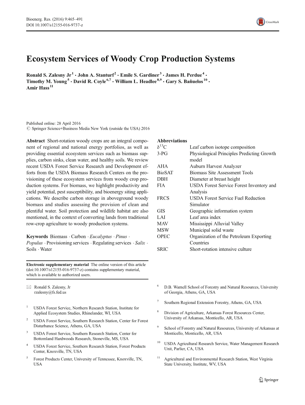 Ecosystem Services of Woody Crop Production Systems