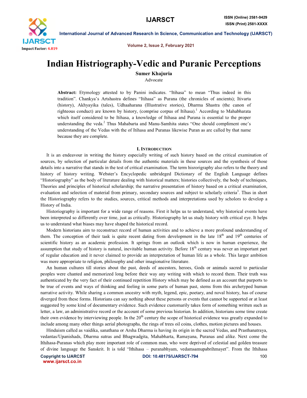 Indian Histriography-Vedic and Puranic Perceptions Sumer Khajuria Advocate