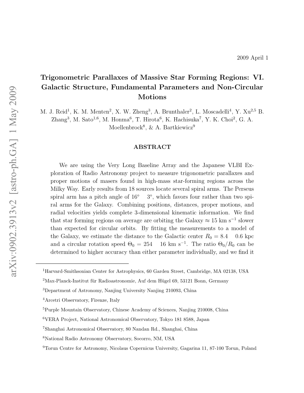 Arxiv:0902.3913V2 [Astro-Ph.GA] 1 May 2009 .J Reid J