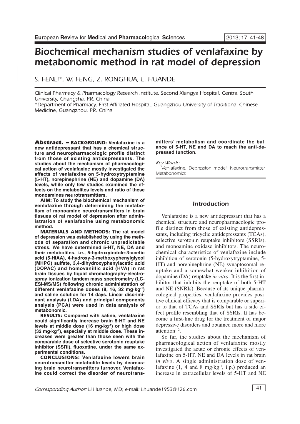 Biochemical Mechanism Studies of Venlafaxine by Metabonomic Method in Rat Model of Depression