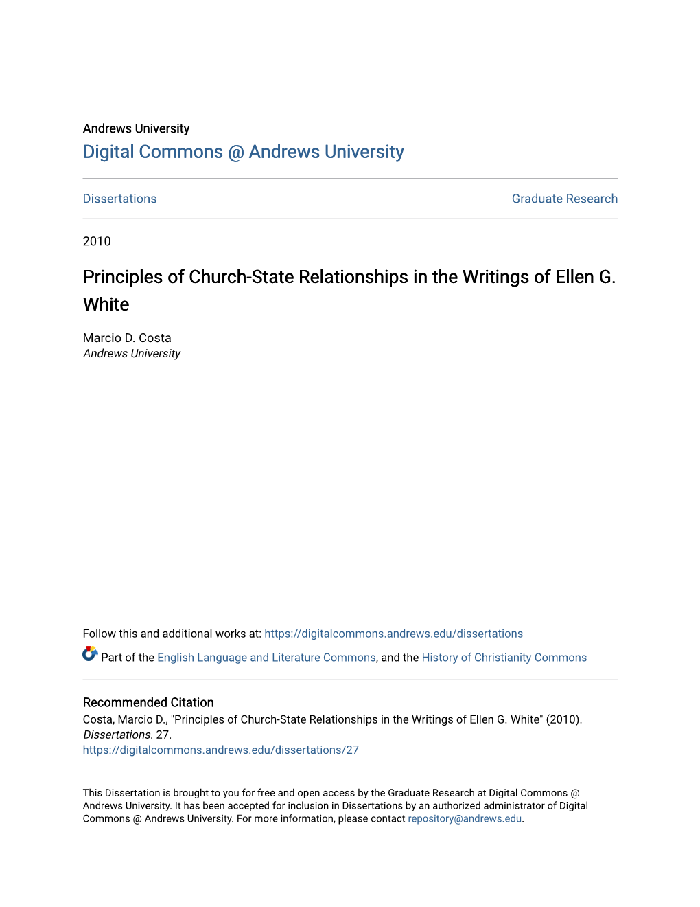 Principles of Church-State Relationships in the Writings of Ellen G