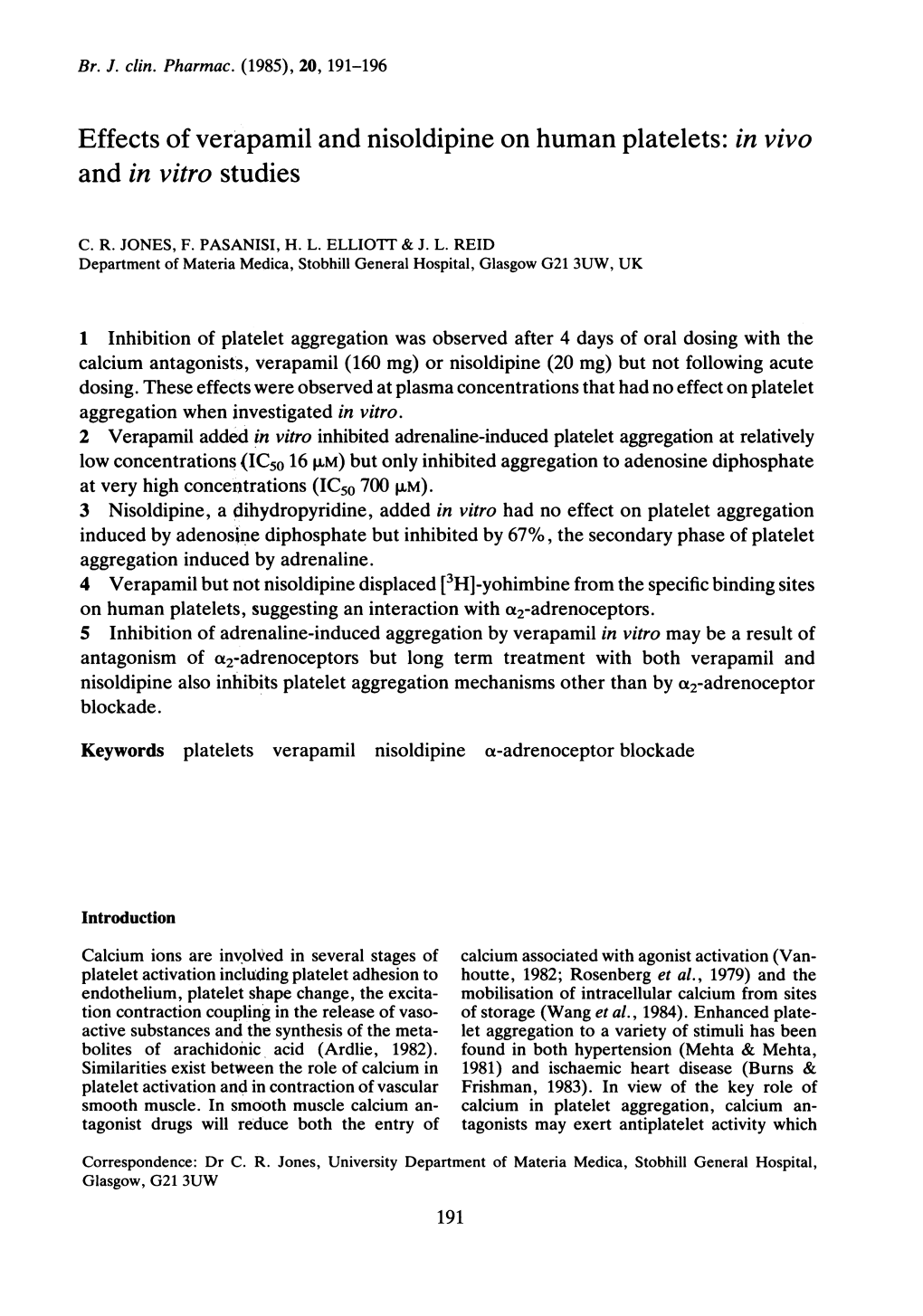 Effects of Verapamil and Nisoldipine on Human Platelets: in Vivo and in Vitro Studies