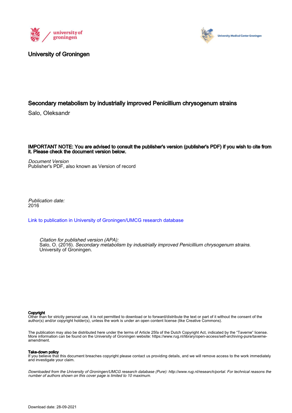 Penicillium Chrysogenum Strains Salo, Oleksandr