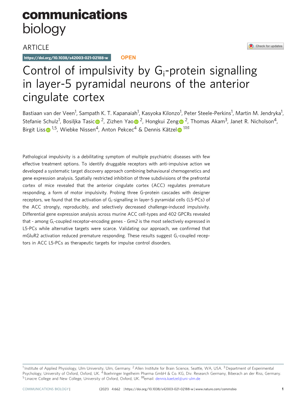 Control of Impulsivity by Gi-Protein Signalling in Layer-5 Pyramidal Neurons of the Anterior Cingulate Cortex