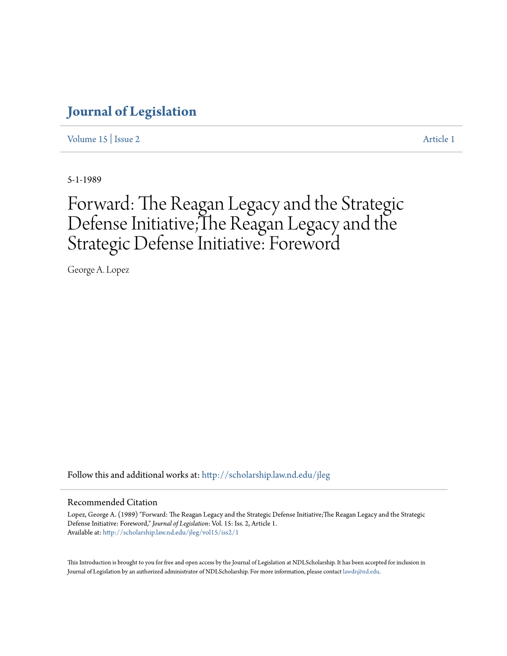 The Reagan Legacy and the Strategic Defense Initiative;The Reagan Legacy and the Strategic Defense Initiative: Foreword George A