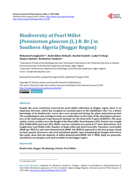 Biodiversity of Pearl Millet [Pennisetum Glaucum (L.) R