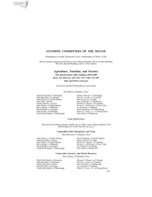 STANDING COMMITTEES of the SENATE Agriculture, Nutrition, And