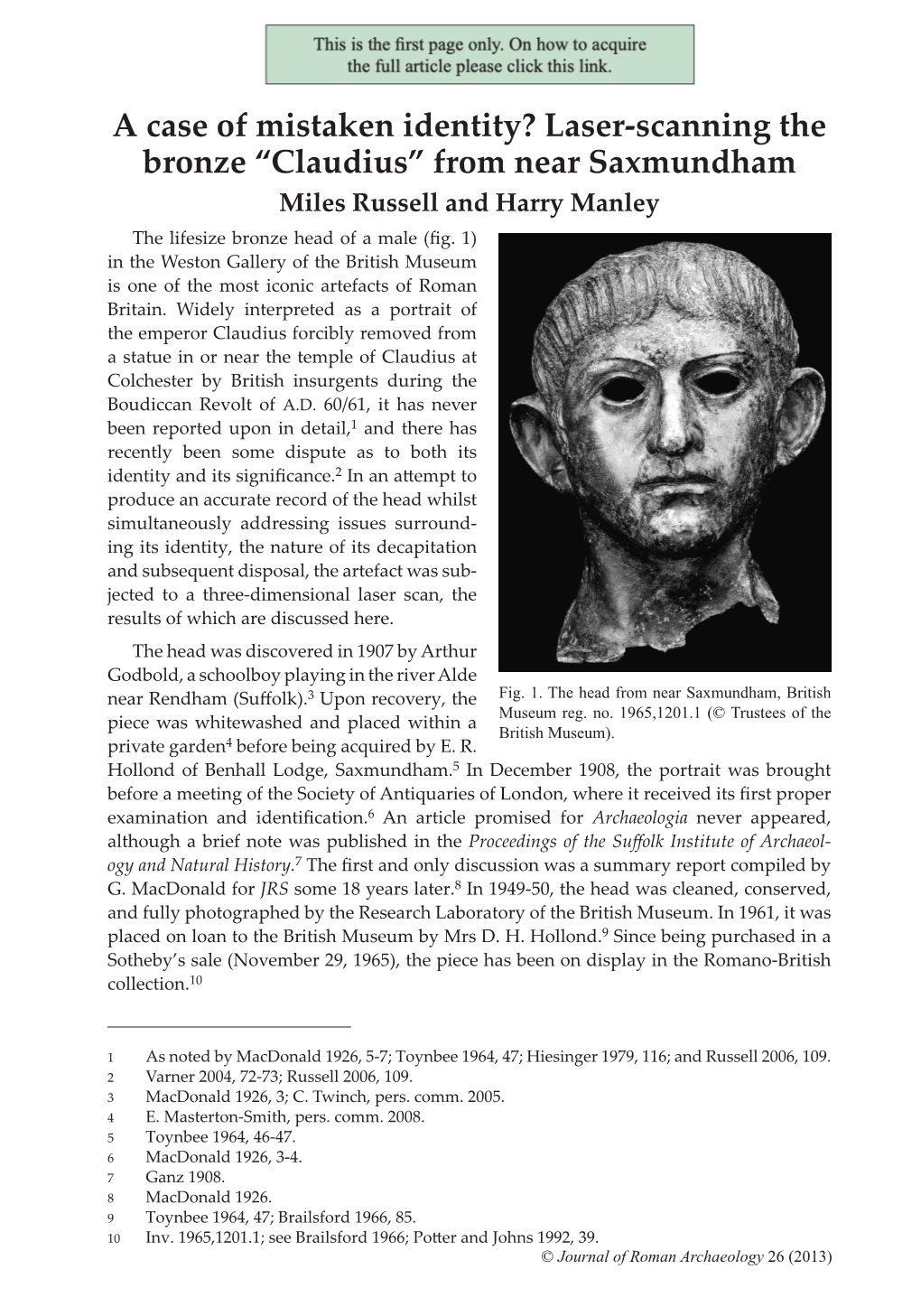 Laser-Scanning the Bronze “Claudius” from Near Saxmundham Miles Russell and Harry Manley the Lifesize Bronze Head of a Male (Fig