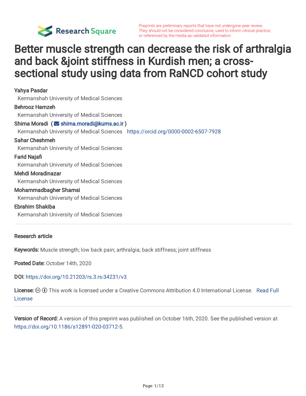 Better Muscle Strength Can Decrease the Risk of Arthralgia and Back &Joint Stiffness in Kurdish