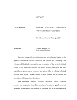 MAPPING TERRORISM: AMORPHOUS NATIONS, TRANSIENT LOYALTIES Ritu Saksena, Doctor of Philosophy, 2006