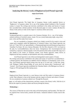 Analyzing the Literary Works of Rupknowarjyoti Prasad Agarwala Anjan Jyoti Sarma