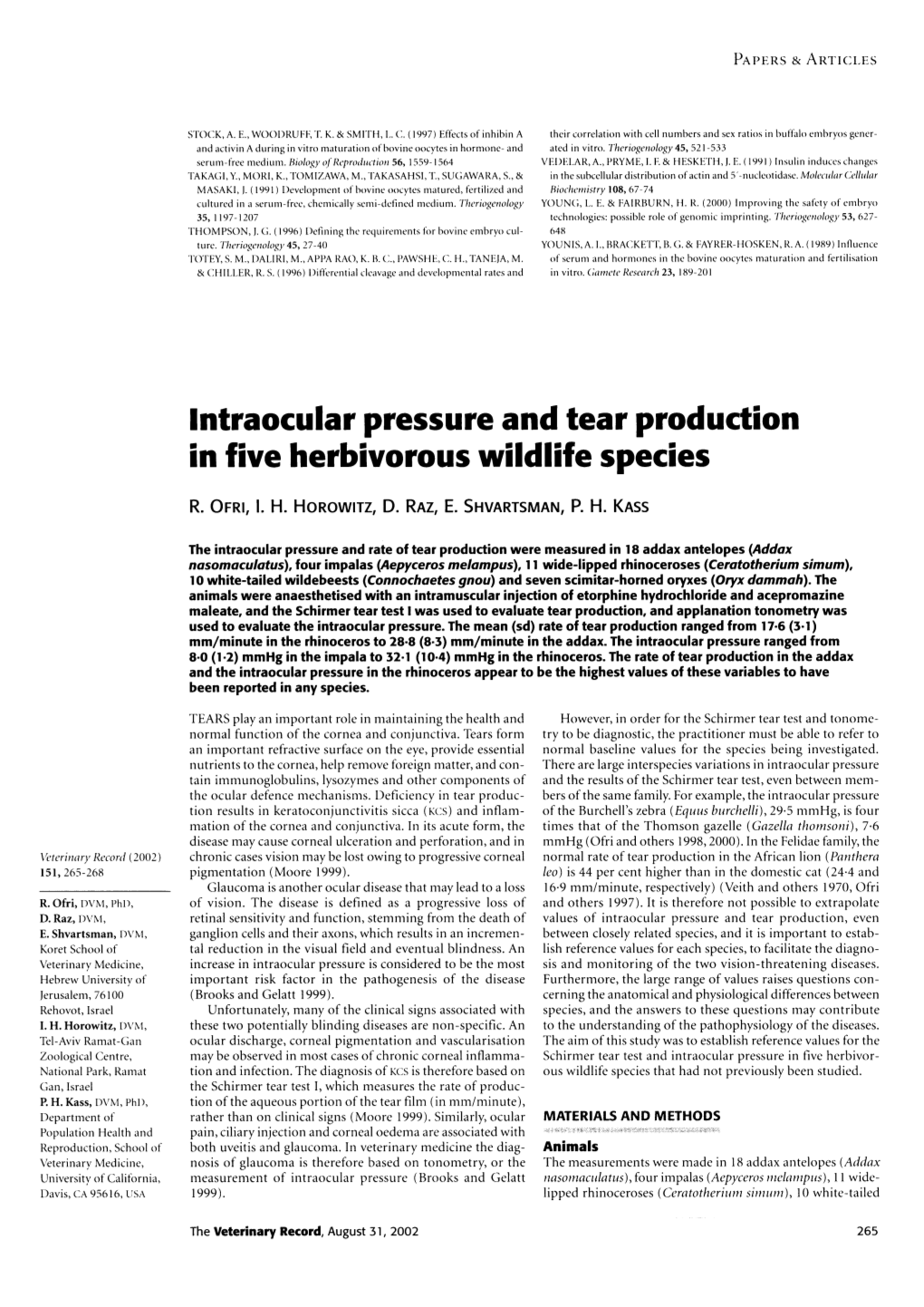 Intraocular Pressure and Tear Production in Five Herbivorous Wildlife Species