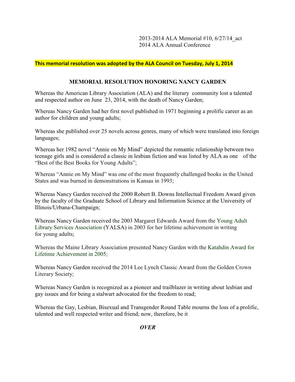 2013-2014 ALA Memorial #10, 6/27/14 Act 2014 ALA Annual Conference