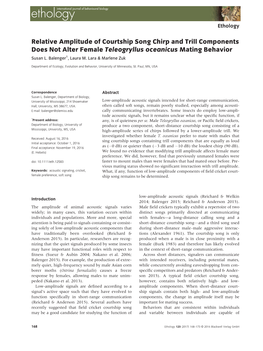 Relative Amplitude of Courtship Song Chirp and Trill Components Does Not Alter Female Teleogryllus Oceanicus Mating Behavior Susan L