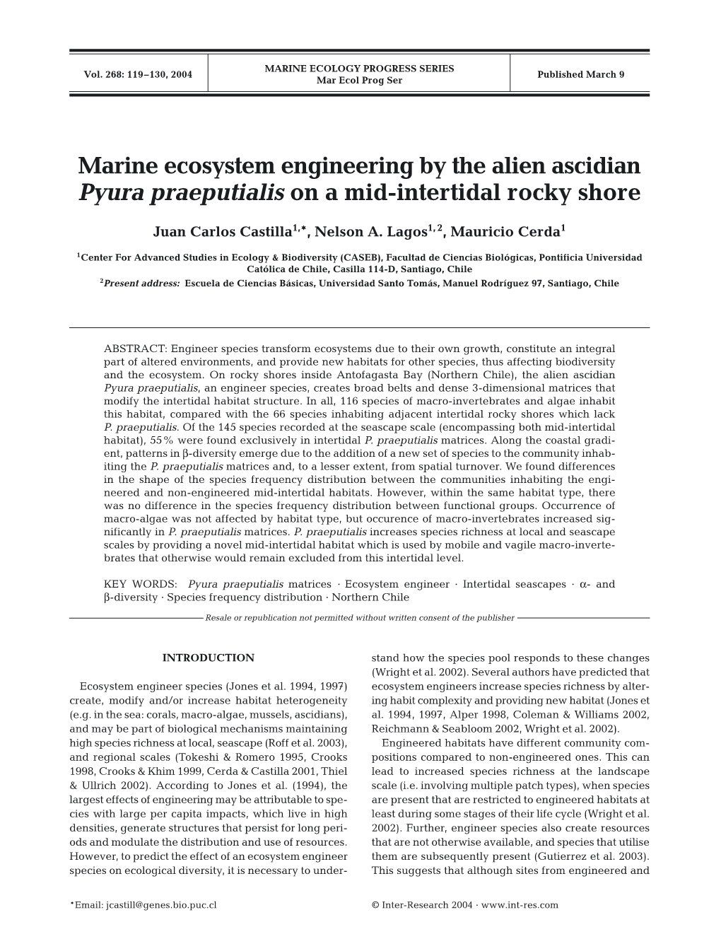 Marine Ecosystem Engineering by the Alien Ascidian Pyura Praeputialis on a Mid-Intertidal Rocky Shore