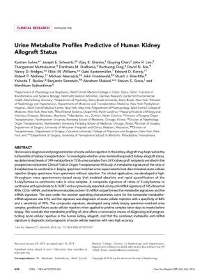 URINE METABOLITE PROFILES PREDICTIVE of HUMAN KIDNEY ALLOGRAFT STATUS” by KARSTEN SUHRE Et Al