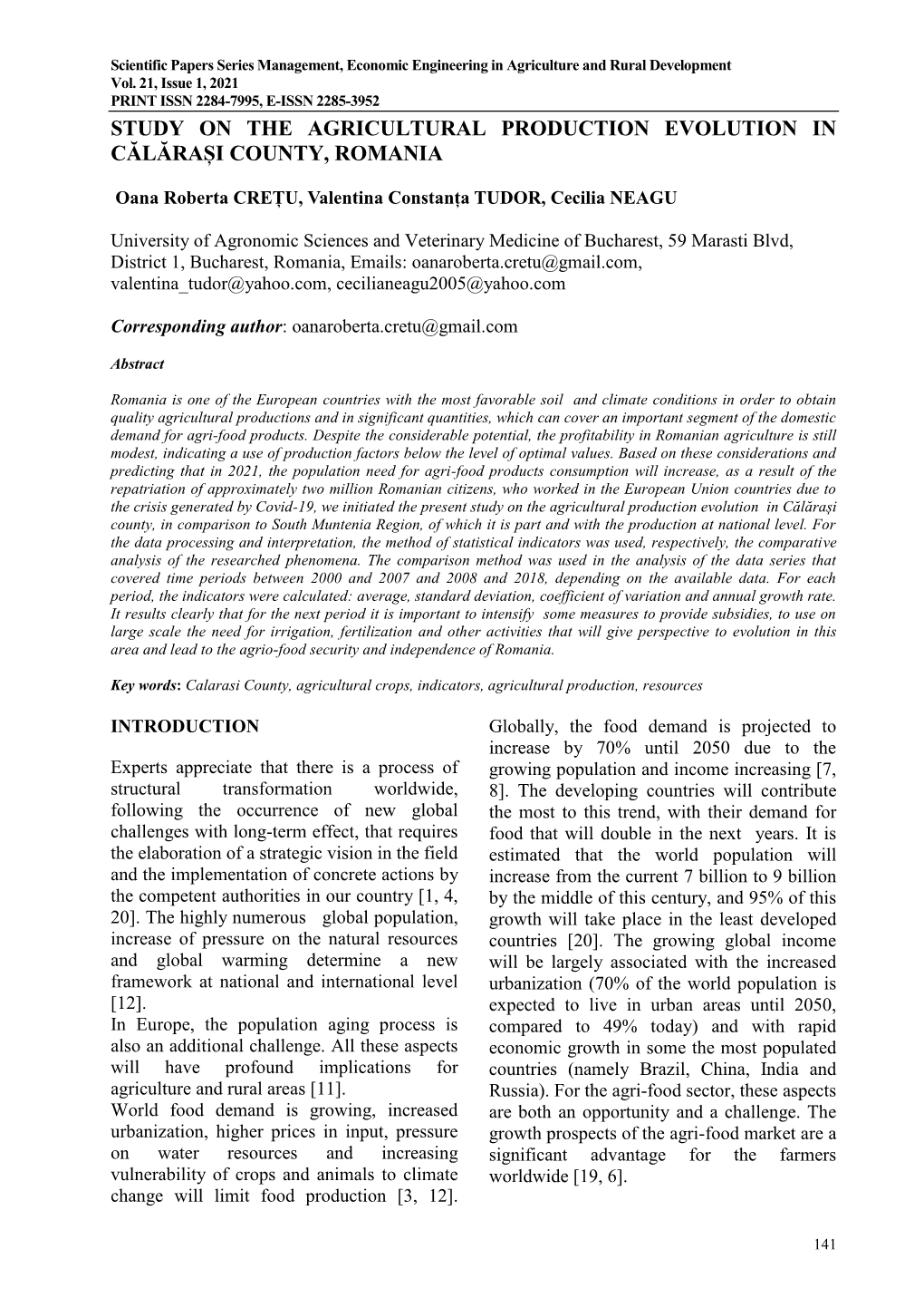 Study on the Agricultural Production Evolution in Călărași County, Romania