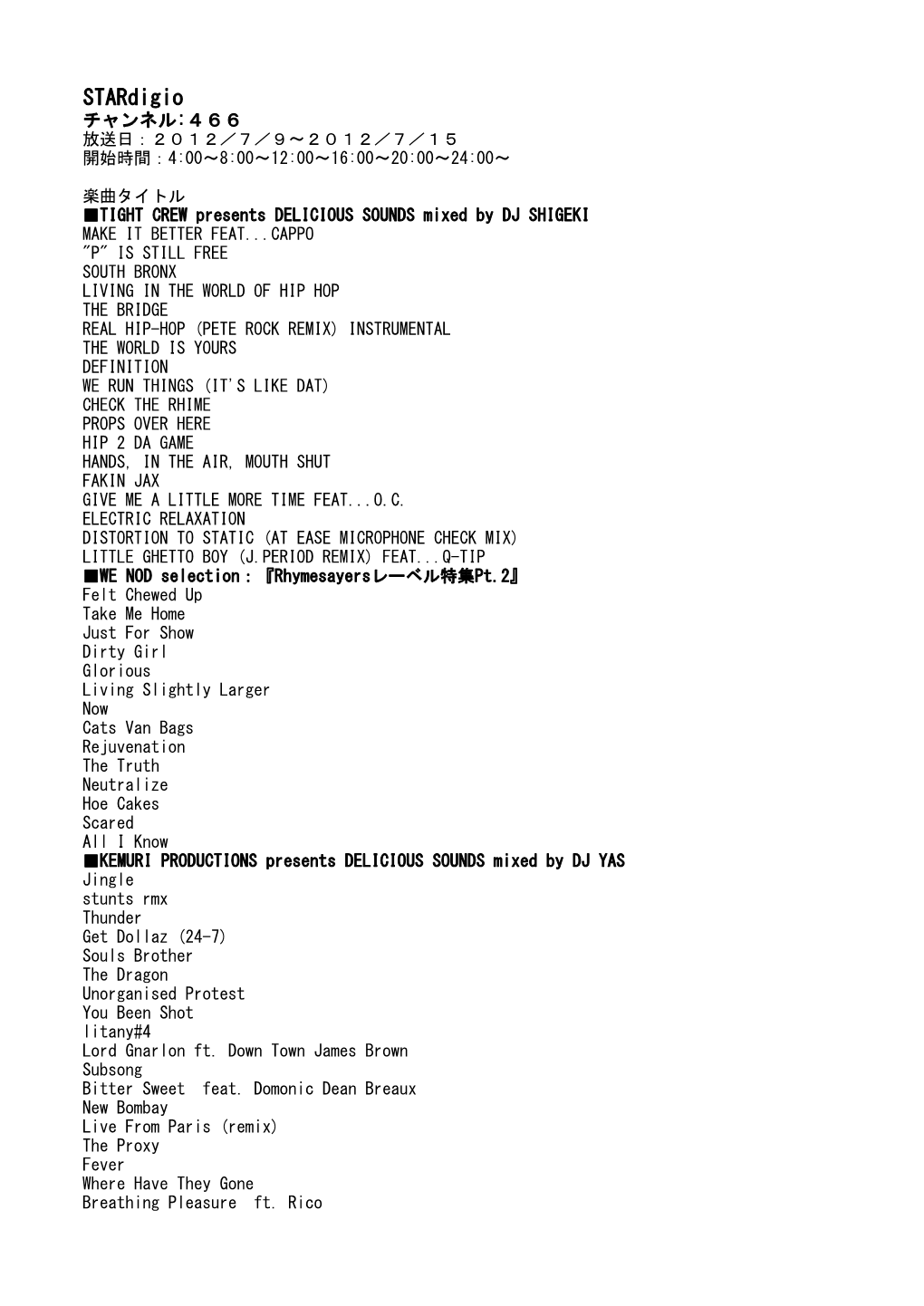 Stardigio チャンネル:４６６ 放送日：２０１２／７／９～２０１２／７／１５ 開始時間：4:00～8:00～12:00～16:00～20:00～24:00～