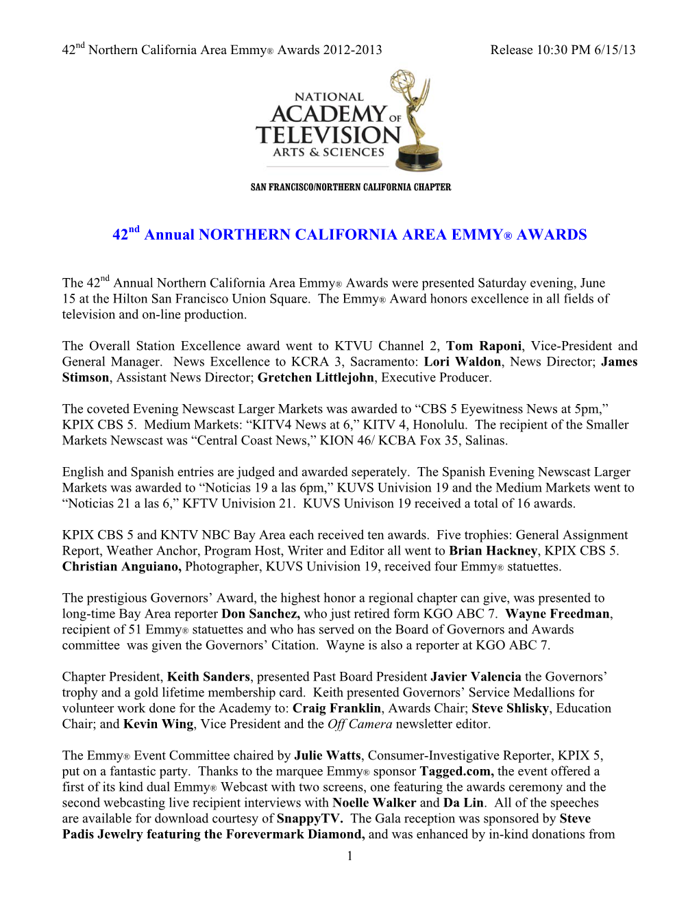 42 Annual NORTHERN CALIFORNIA AREA EMMY® AWARDS