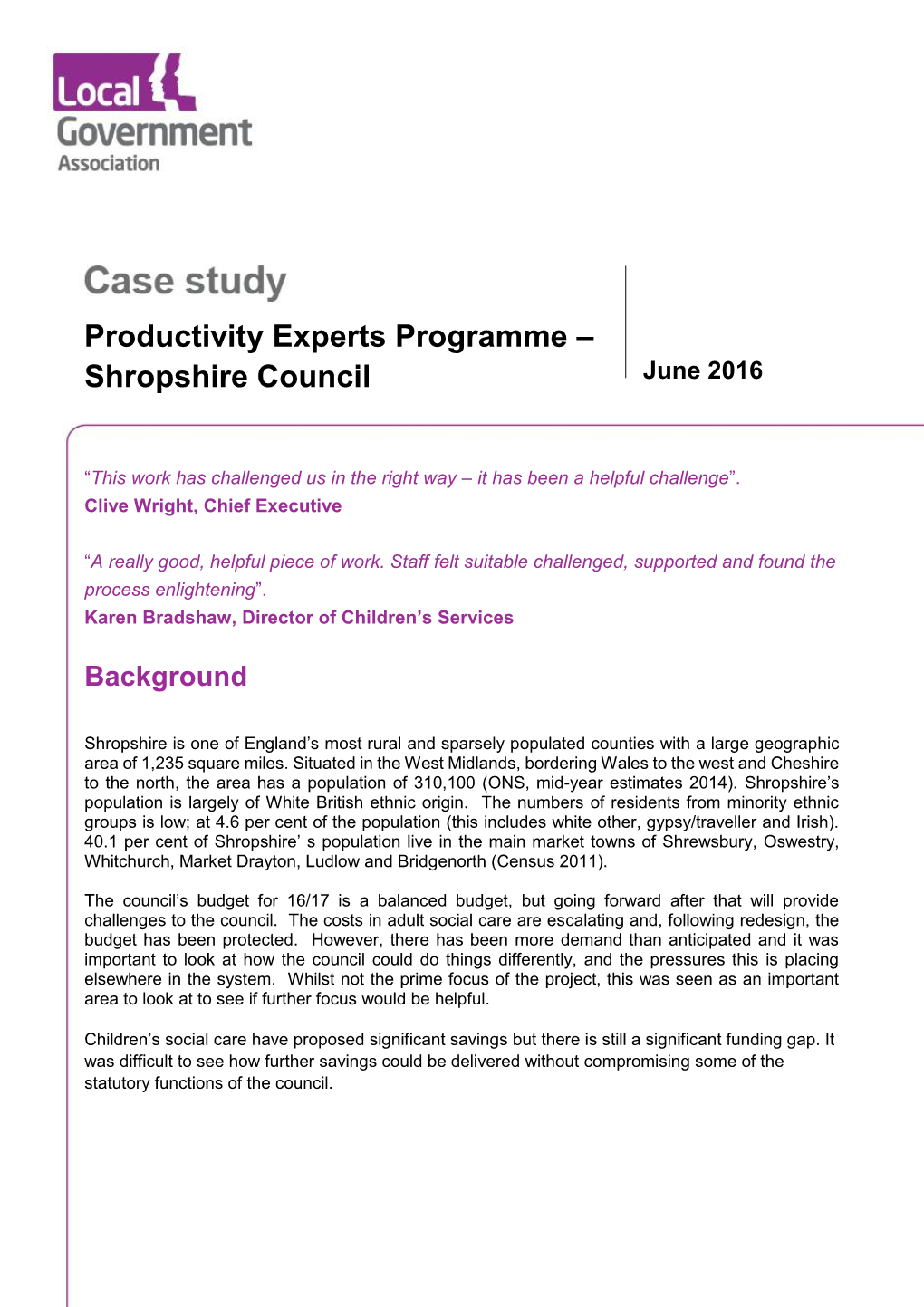 Productivity Experts Programme – Shropshire Council June 2016